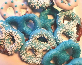 Gourmet Chocolate Covered Pretzels!  White Chocolate with Teal Baby Blue!  Baby Shower, Birthday Christening Graduation! Custom Orders!