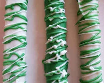 Chocolate Covered Pretzels! Decorated in White and Green Chocolate!  St. Patricks Day, Birthday Favors, Party Favors, Gifts!