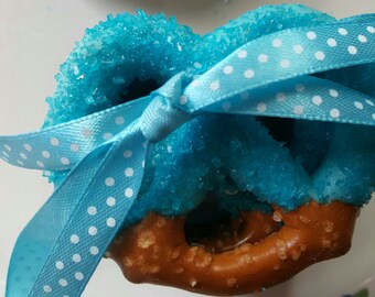 Chocolate Covered Bavarian Pretzels - Teal blue with Teal Sugar Crystal Decor-  Wedding Favor, It's A Boy, Baby Shower, Bridal Shower Party