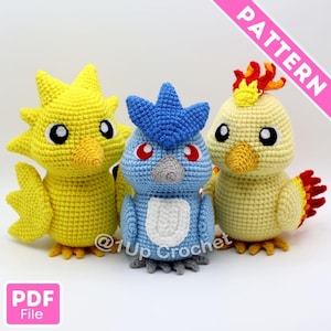May include: Crochet pattern for three bird amigurumi toys. The birds are yellow, blue, and orange with black eyes. The pattern is available as a PDF download.
