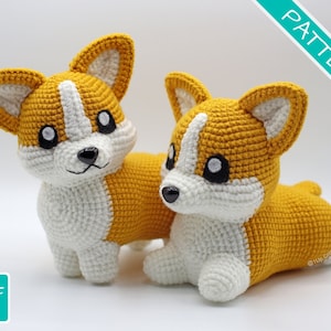 Puede incluir: Patrón de crochet para un lindo perro corgi de estilo de dibujos animados. El patrón incluye instrucciones para hacer dos corgis, uno de pie y otro acostado. Los corgis están hechos con hilo amarillo y blanco.