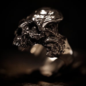 Puede incluir: Un anillo de calavera de plata con un diseño detallado y texturizado. La calavera tiene una mandíbula prominente y cuencas de ojos grandes.