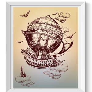 Steampunk Flying Airship, Art Print, Vintage Hot Air Balloon Print, Dirigible, Holidays Gift, Bohemian Art