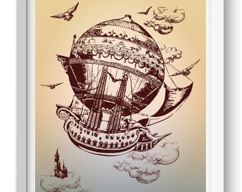 Steampunk Flying Airship, Art Print, Vintage Hot Air Balloon Print, Dirigible, Holidays Gift, Bohemian Art