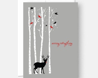 Birch trees with reindeer, Christmas card, Holiday Card, Merry Everything