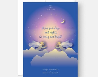 Angels Christmas Card, Holiday Greeting Card, Merry and Bright Note Card, Art Print