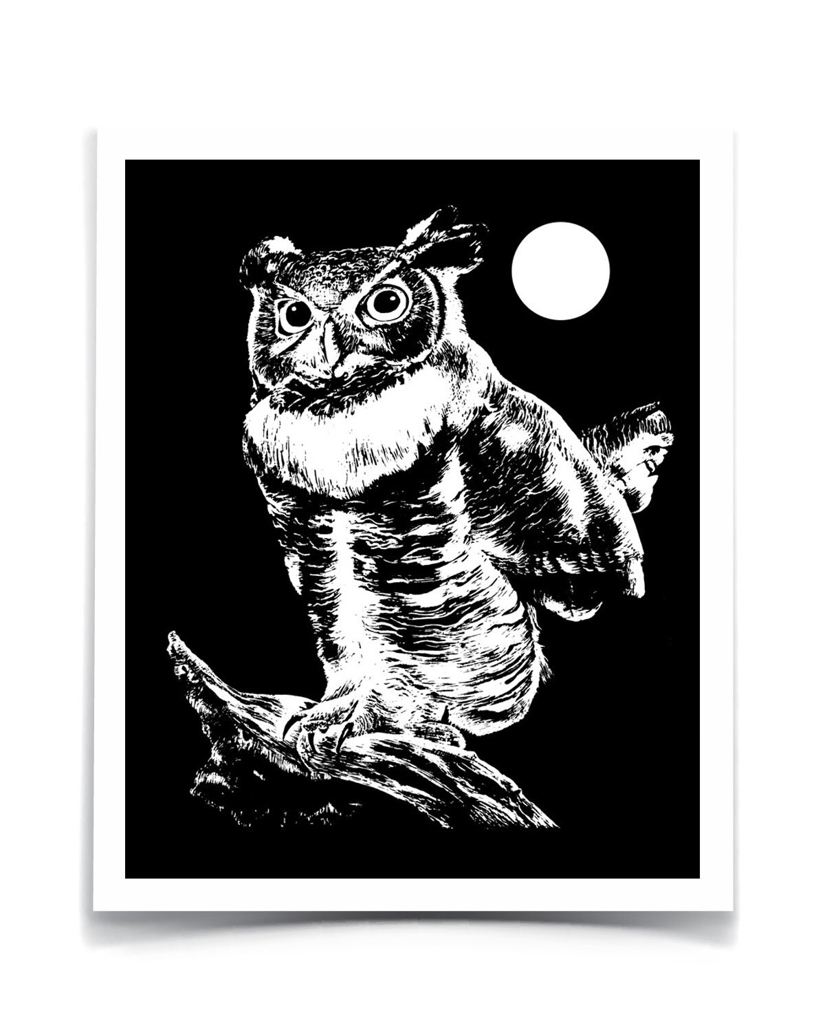 Great Horned Owl Art Print, Owl and moon Black and white, Christmas Gift, Bohemian Art