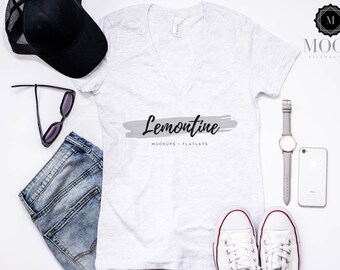 Download Bella Canvas Ash Ladies Jersey Short Sleeve Deep V Neck T Shirt Classy Flatlay Feminine Mockup B6035 Free Psd Packaging Mockups PSD Mockup Templates
