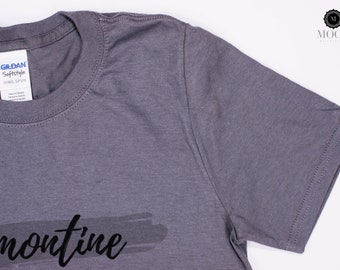 Download Free Color and Detail Shot of Gildan 640 Charcoal | Adult Softstyle® 4.5 oz. T-Shirt | Shirt Mockup | Shirt Flat Lay | White Background PSD Template