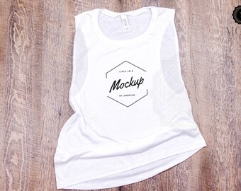 Download Free Bella and Canvas | Ladies' Flowy Scoop Muscle Tank | White | Shirt Mockup | Shirt Flat Lay | Bella Canvas | Flatlay PSD Template