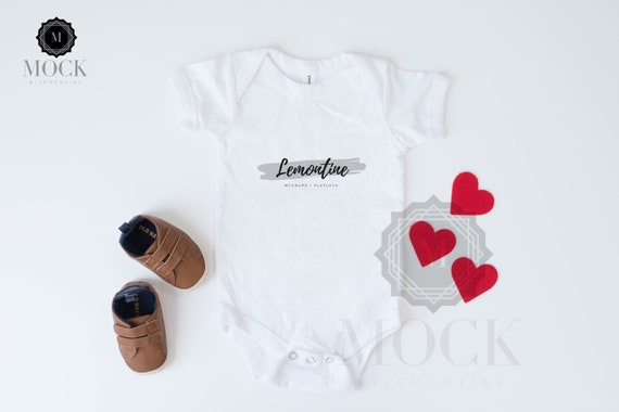 White Infant Bodysuit Mockup With Hearts Bella Canvas