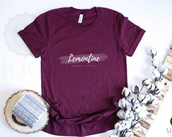 Download Free Bella Canvas 3001 Maroon Shirt | Lemontine Mockup | Fall Mockup with Cotton Stems and Mug | MOCKbyLemontine | Bella Mockup PSD Template