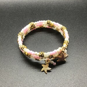 Sparkly 3 Coil Memory Wire Beaded Bracelet; Small White Pearls with Pink and White Seed Beads; Featuring Gold Accents and Rhinestone Beads