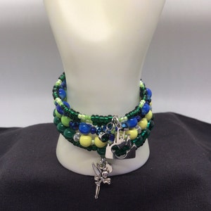 Disney Magic Kingdom inspired memory wire coil bracelet; Blue, Yellow and Green beaded bracelet