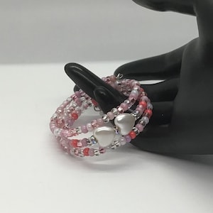 Girl’s Pink and White Beaded Bracelet on Memory Wire with Pearl Hearts