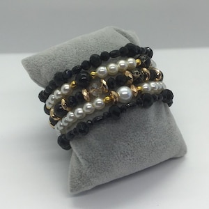 Stunning Memory Wire Coil Bracelet; Black, White Pearl and Gold Beads