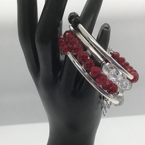 Stunning Contemporary Style Memory Wire Coil Bracelet; Black, Red, Clear Crystal and Silver Tube beads