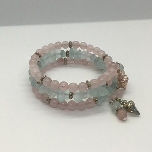 Pink and Green Beaded Coil Memory Wire Bracelet with Seashell Charms