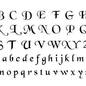 May include: A black and white image of the English alphabet in a cursive font. The letters are arranged in alphabetical order, with uppercase letters at the top and lowercase letters at the bottom.