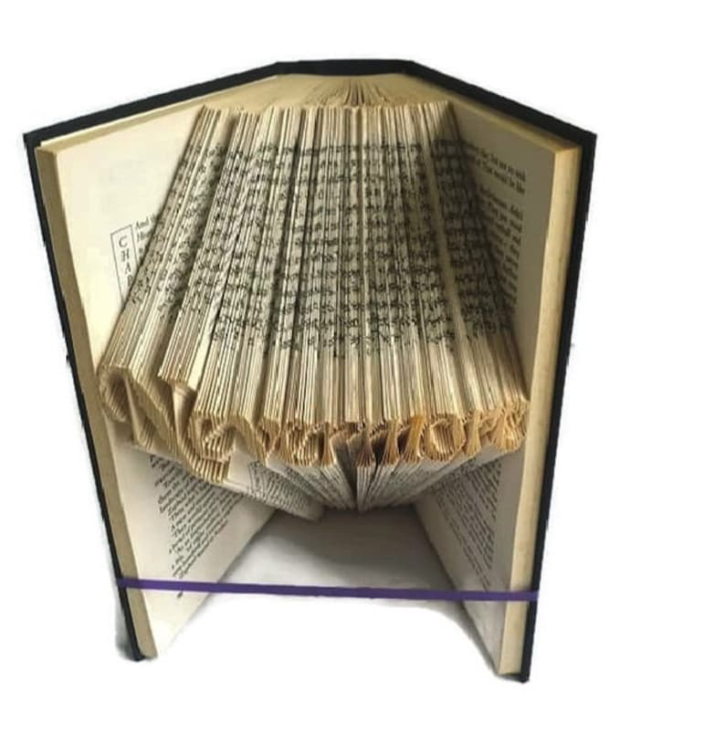 May include: A book with pages folded into the shape of the word "LOVE" in a 3D design. The book is closed and has a black cover. A purple rubber band is wrapped around the book.