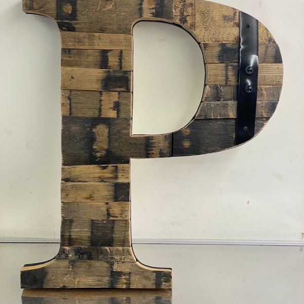 Wooden Letter P made from Bourbon barrels. Steel hoop accent option. Letter Signs. Alphabet Sign. Home & Office Decor.