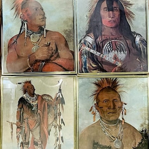 May include: Four framed prints featuring portraits of Native American figures. Each portrait is set within a gold-colored frame. The subjects are depicted in traditional attire, with detailed feather headdresses and ornate jewelry. The artwork showcases a blend of historical and artistic elements.