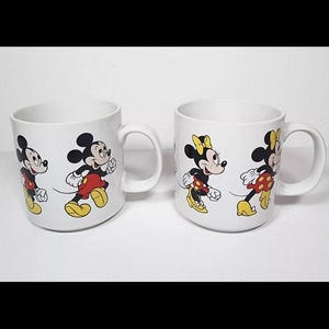 Mickey And Minnie Mouse Ceramic Mugs Set Of 2 White Disney VTG image 2