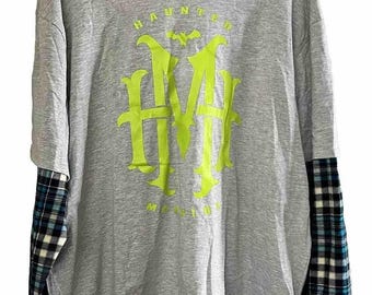 Disney Parks Haunted Mansion Layered Look Flannel Plaid Sleeve Hoodie Top XL