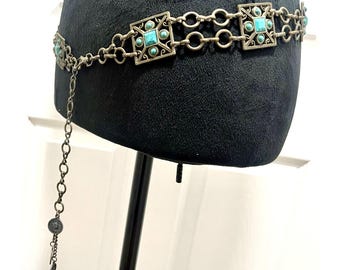 Cintura da cowgirl boho sud-occidentale in metallo; maglie a pannello con cabochon blu color bronzo, 94 cm (37")