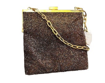 Bolso de hombro de noche Christiana, estilo Art Déco vintage, con lentejuelas y cuentas, color bronce y dorado, nuevo con etiquetas.