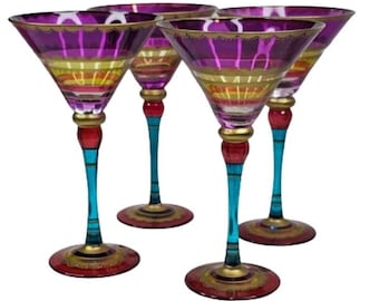 4 Pier 1 feestelijke martiniglazen geblazen kleurrijke paarse streep gouden accent 8" set
