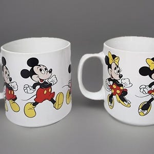 Mickey And Minnie Mouse Ceramic Mugs Set Of 2 White Disney VTG image 1