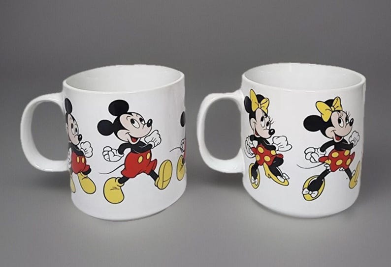 Mickey And Minnie Mouse Ceramic Mugs Set Of 2 White Disney VTG image 1