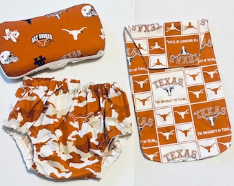 UT Longhorns Baby Gift Set | Diaper Cover | Wipes Case | Diaper Pouch | A&M Aggies | Baby Shower Gift