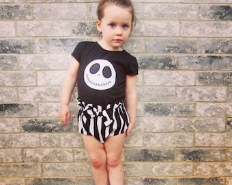 Black and White Striped Baby and Toddler Bloomers | Jack Skellington Diaper Cover Set | Girly Nightmare Before Christmas Outfit