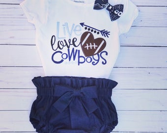 Girly Football Outfit | Custom Embroidered Baby and Toddler Football Shirt | Dallas Cowboys Shirt and Denim Bloomers | Live Love NFL