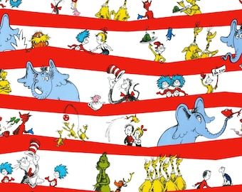 Dr. Seuss Fabric by the Yard - Celebrate Border Stripe: white background with red wavy stripe and images of Dr. Seuss characters