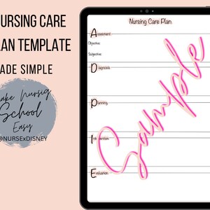 May include: A printable nursing care plan template on a white background with the words "Nursing Care Plan" at the top. The template is divided into five sections: Assessment, Diagnosis, Planning, Intervention, and Evaluation. The word "Sample" is written diagonally across the template in pink.