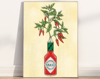 Tabasco Hot Sauce Chilli Illustration - Blumen Pflanzen - Wand Kunst Druck - A4 & A3 Druck Größen