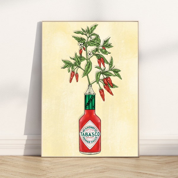 Tabasco Hot Sauce Chilli Illustration - Flowers Plants - Wall Art Print - A4 & A3 Print sizes