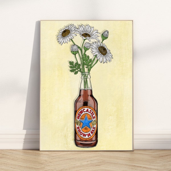Newcastle Brown Ale & Flowers - Giclee Print Art Painting - Geordie Beer - A4 and A3 Print sizes