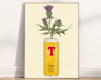 Tennents Lager and Thistle Flowers - A4 & A3 Print sizes - Wall Art - Scottish Gift Idea - Novelty Fun