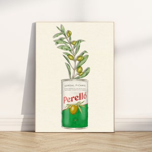 Perello Olive Tin and Branch Wall Art Print - Fun and Novelty Gift Idea - Colourful and Retro - Italy
