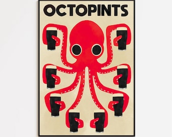 Octopints - Impresión retro de cerveza negra de pulpo - Arte mural Guinness - Póster atrevido, moderno y vibrante