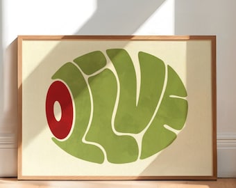 Stuffed Olive Print  - Bauhaus Style Wall Art - Food Illustration - Retro Funky Poster -