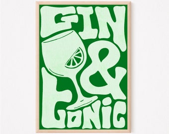 Impression gin tonic - tailles d'impression A4 et A3 - art mural - affiche de cocktail - formes groovy avec effet texturé - art funky