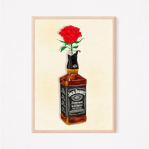 Jack Daniels and Rose Illustration - Flowers Plants - Wall Art Print - A4 & A3 Print sizes - Whiskey Poster
