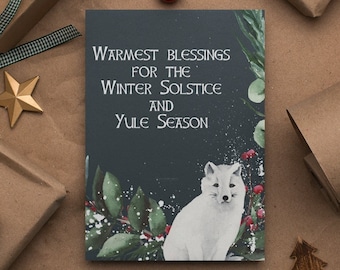 READY to SHIP Yule Cards - Arctic Fox With Winter Berries Yule Card - Pagan Christmas Card, Wiccan Card, Witchy Card Pagan Gift, Wiccan Gift