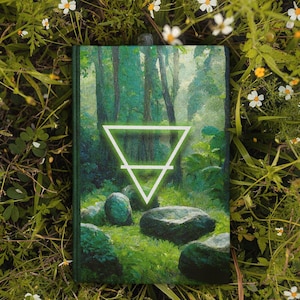 May include: A green journal with a forest scene on the cover. The journal has a white triangle with a line through it, symbolizing the element of earth.