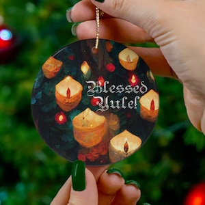Witchy Yule Ornament - Yule Tree with candles and lights - Blessed Yule! Metal ornament for Yule Tree or home decor wiccan pagan witchcraft